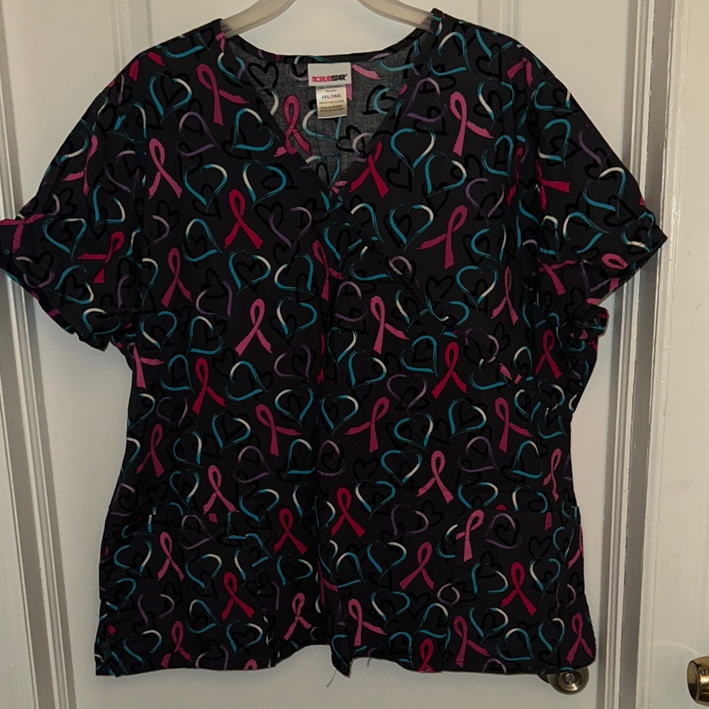 Dickies Black Scrub Top with Pink & Teal Ribbon and Heart Print